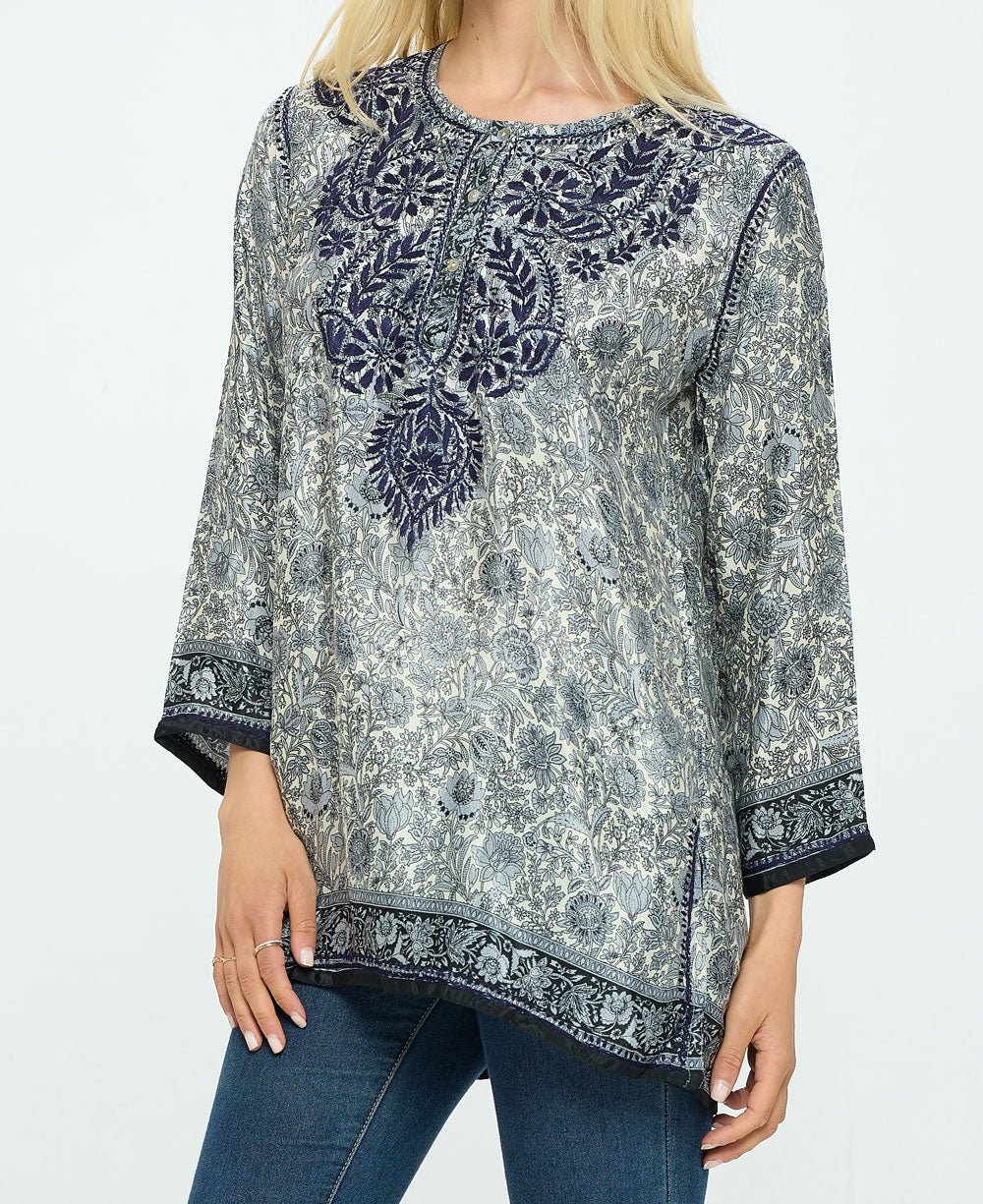 Midnight Floral Garden Embroidered Tunic Top