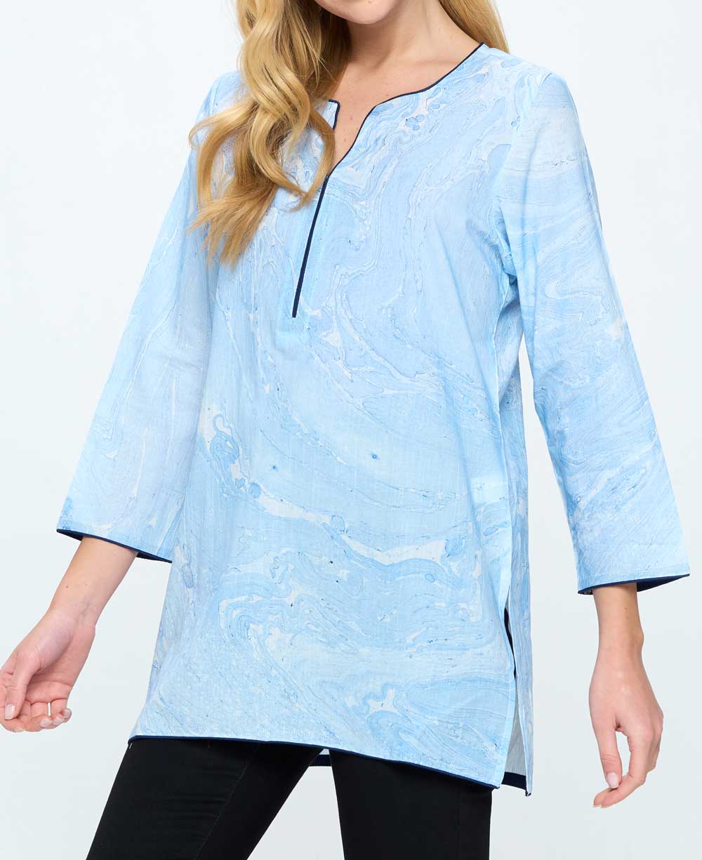Hand Tie and Dye Blue Marble Print Soft Cotton Tunic Top